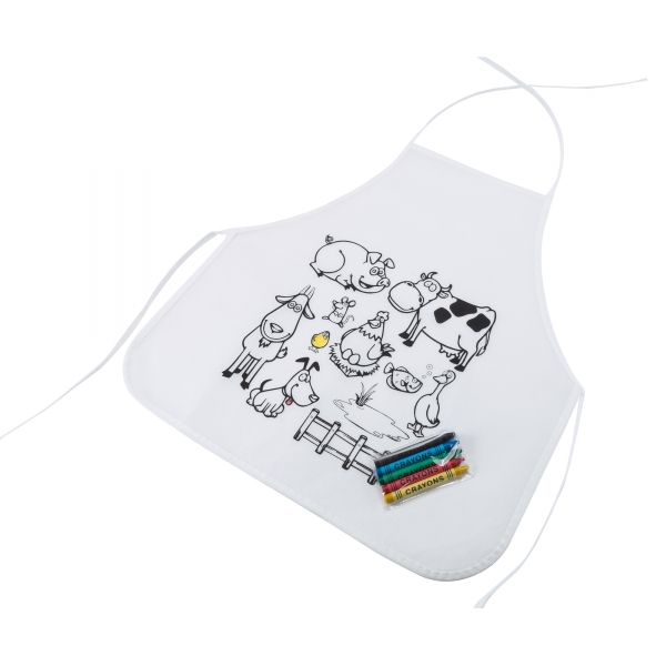 Non Woven-Kinderschürze mit ausmalbarem Motiv. inkl. 5 Wachsstifte